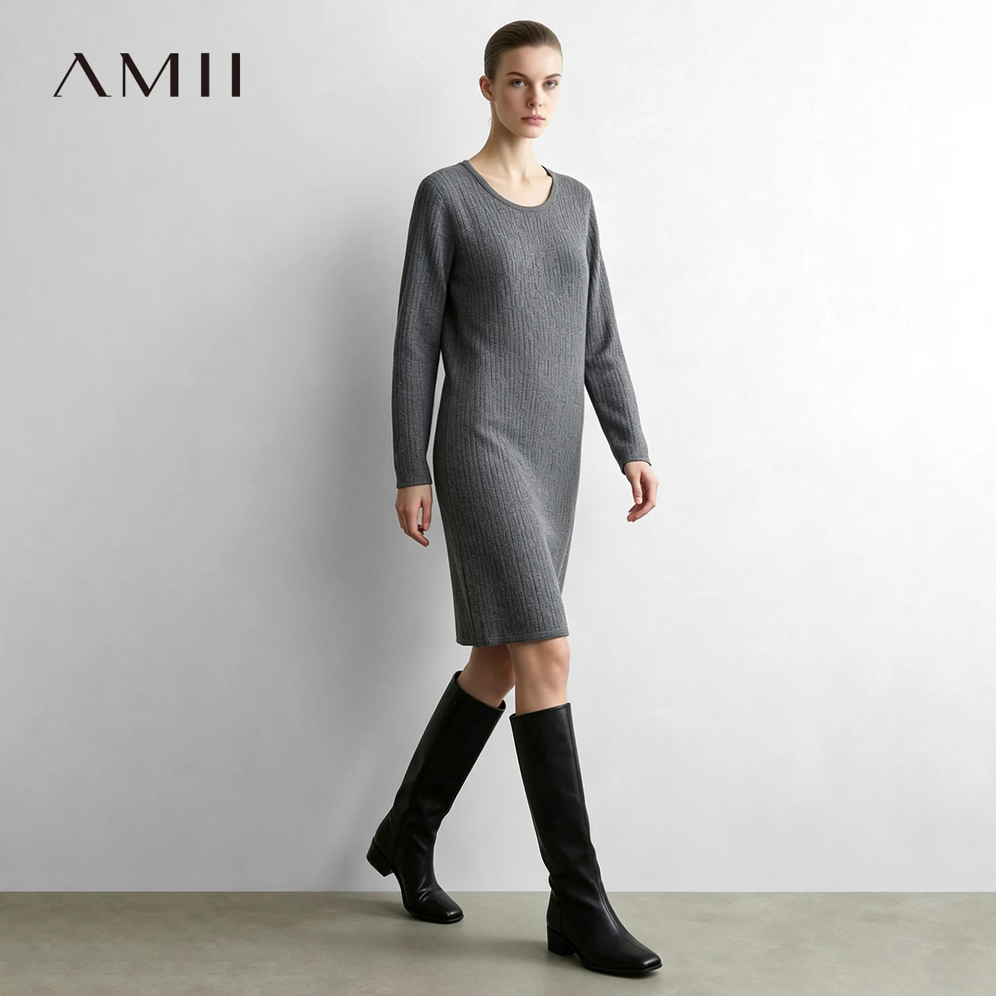 Amii Knit Midi Dress Long Sleeve Scoop Neck Loose Fit Slimming Versatile Commuter 2026 Autumn Dresses for Women 12623127