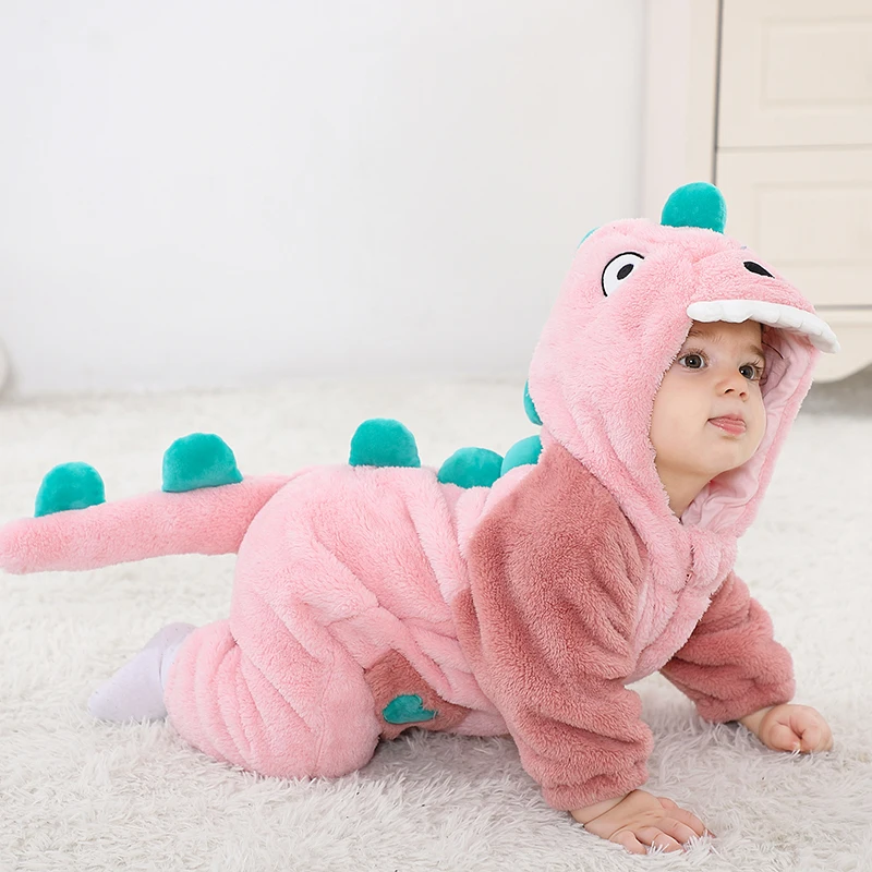 Lovely Dinosaur Newborn Baby Girl Clothes Bodysuit Plush Soft Warm Toddler Jumpsuit Halloween Kid Infant Pajamas Overalls Zipper