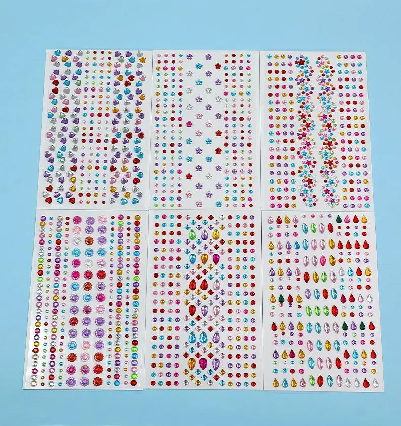 1pc 3D Colorful Star/Flower Face Diamond Sticker Bling Rhinestone Self-Adhesive Fake Tattoo for Party Stage Makeup Gems Stickers