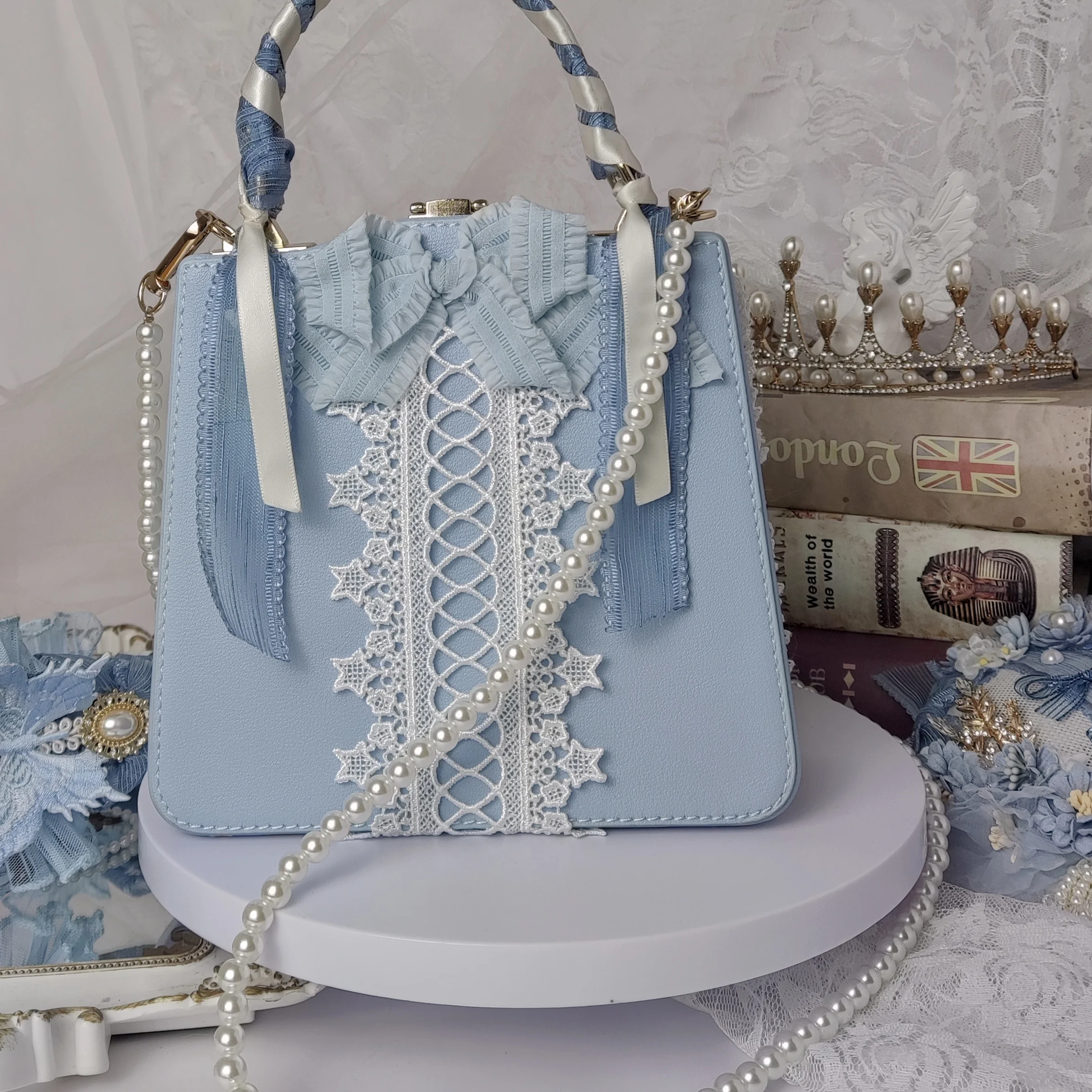 Women Girl Lolita Vintage Handbags Satchels Flowers Bowtie Imitation Pearl Shoulder Bag Crossbody Bags Luxury Lace Ribbon Blue