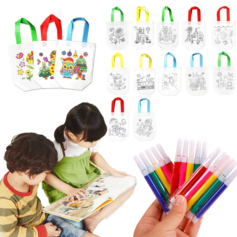 

DIY Handmade Non-Woven Graffiti Bag Children Painting Eco-friendly Bag Arts Crafts Color Filling Kindergarten Drawing Kids Toys