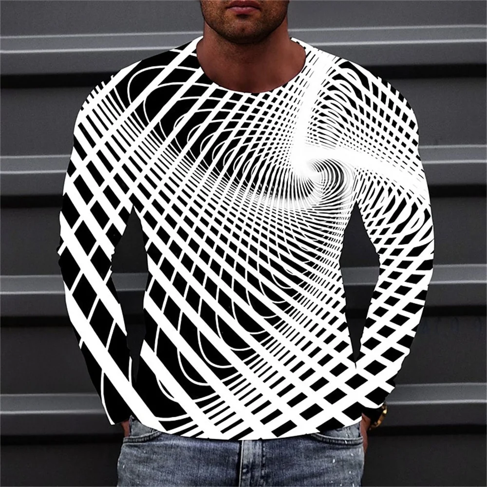 Illusione geometrica Trucco 3D Stampa Uomo O-Collo T-shirt Moda Manica lunga T-shirt oversize Moda Top Tendenza Abbigliamento uomo