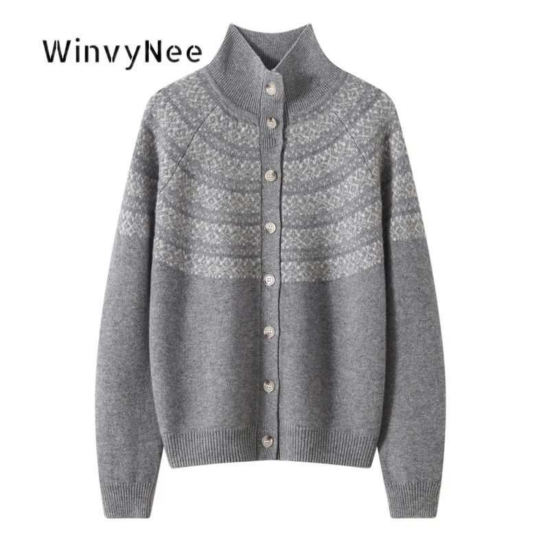WinvyNee Women Fair Isle Jacquard Knit Cardigan 100% Wool Stand Collar Raglan Sweater Autumn Nice Warm Knit Tops Soft B1523092A
