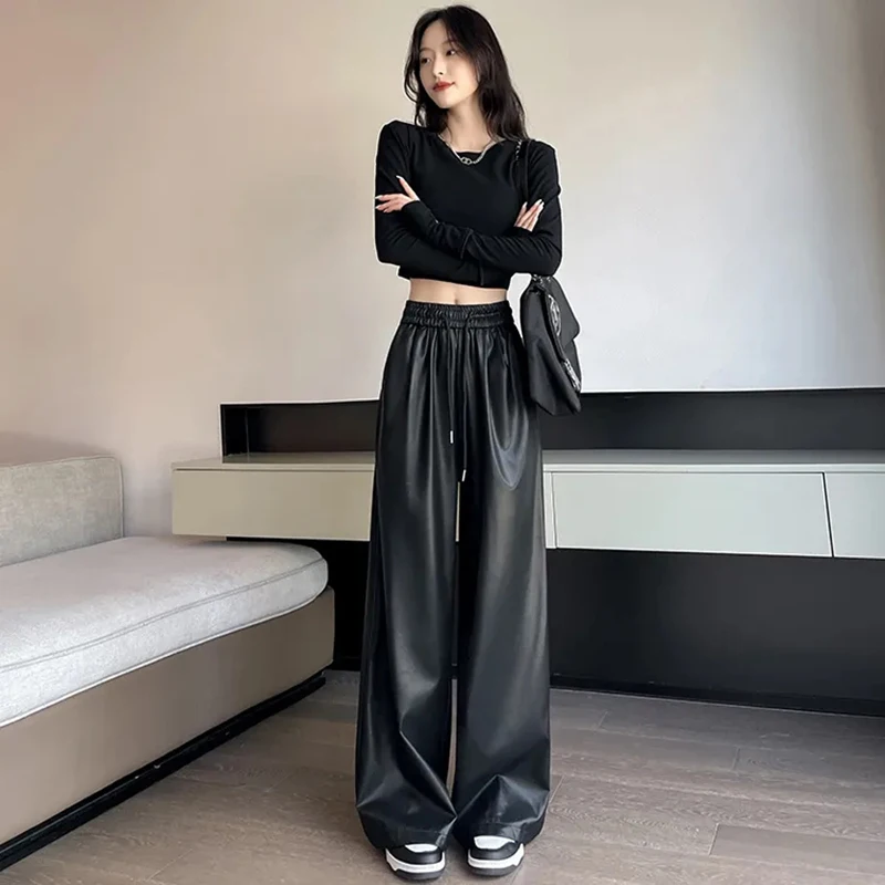 Y2K Vintage Pu Faux Leather Trousers Women Fall Wide Leg Pants Korean Drawstring High Waist Loose Pocket Solid Straight Bottoms