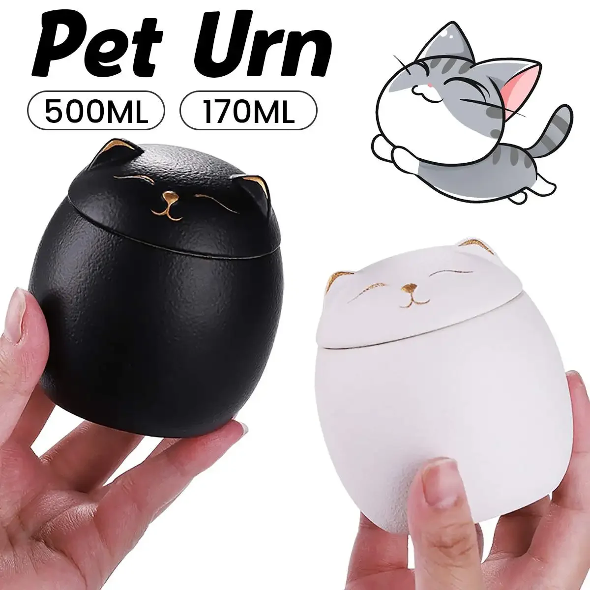 Urna de cremación con forma de gato, urna decorativa hecha a mano para cenizas de mascotas, funeraria, 170/500ml, color negro/blanco