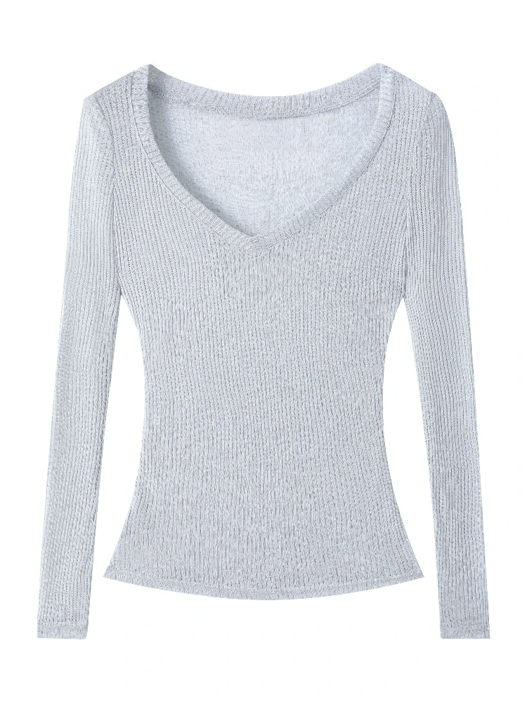 2026 Summer New V Neck Women's T Shirt Thin Sun Protection Long Sleeve Tees Lazy Style See Through Solid Color Cover Up Top