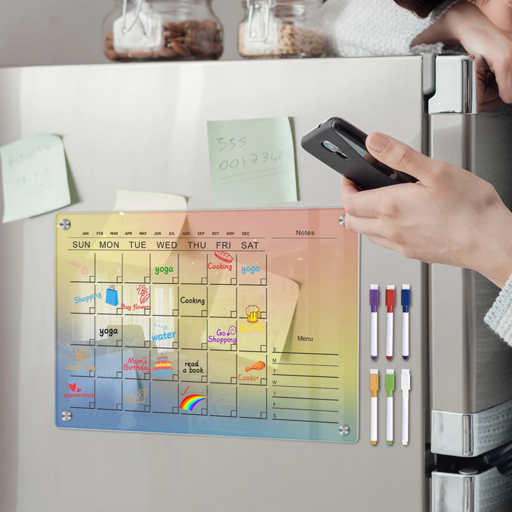 Fridge Weekly Calendar Acrylic Planner Board For Fridge Strong Magnetic Erasable Board Planner For Refrigerator With 6 Markers
