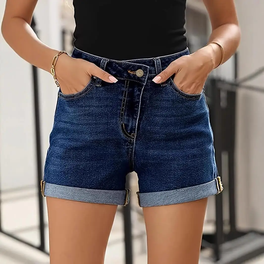 UK Style High Waist Straight Leg Jeans Shorts Women's Slim Fit Ripped Cuffed Denim  Skirt High Elasticity Cotton Fabric