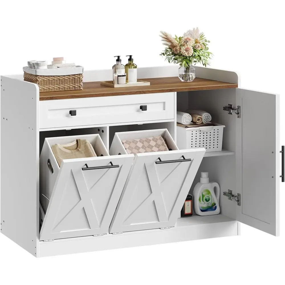 

24 Gallon Double Laundry Hamper Cabinet with Door & 2 Baskets, Storage Cabinet for Trash or Bathroom, Kitchen, White and Walnut