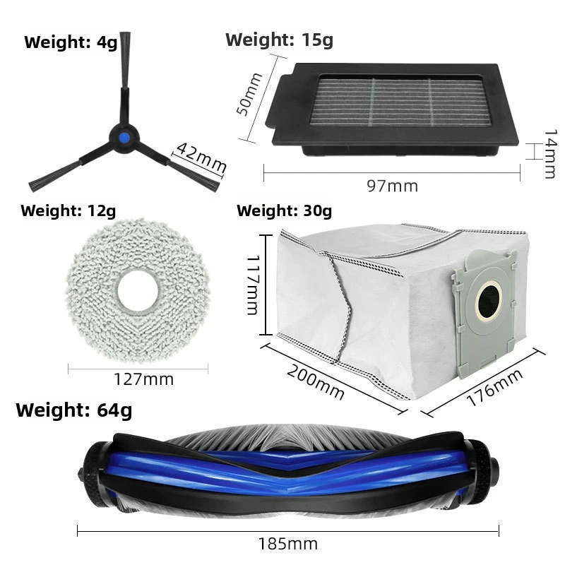 

Запасные аксессуары для пылесоса Ecovacs T50: 8 сменных насадок для влажной уборки, 8 мешков для сбора пыли, 8 боковых щеток, 4 фильтра, 2 основные щетки, 1 нож для резки.