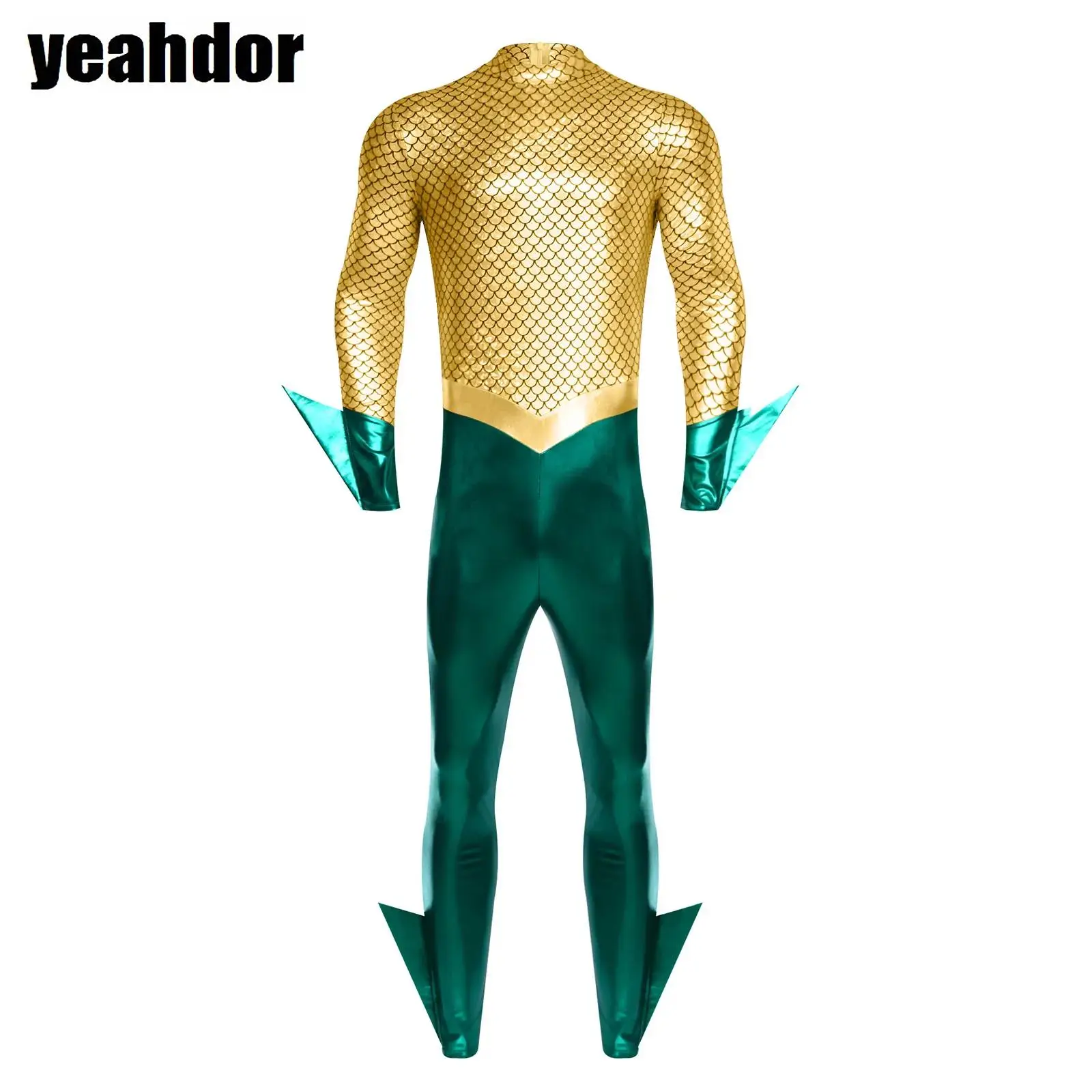 

Halloween Aquaman Cosplay Jumpsuit Men Movie King of The Sea Costume Long Sleeve Metallic Shiny Fishscale Print Mermaid Bodysuit