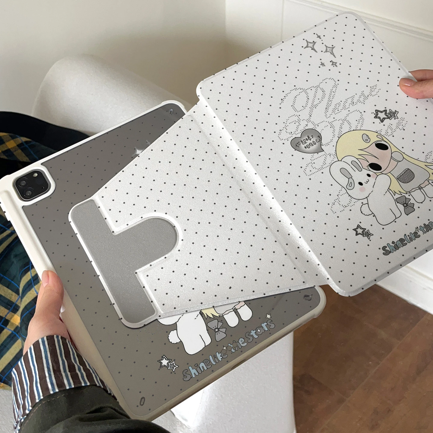 Cute Polka Dot Rabbit Girl Tablet Case For iPad Pro 11 12.9 13 A16 M2 M4 M3 M5 Shell 5/6/7/8/9/10/11th Mini Air 3 4 5 6 Cover