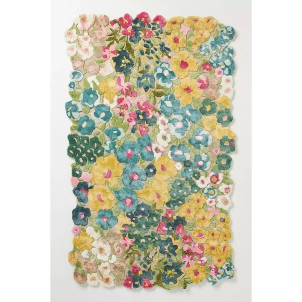 

Handmade Floral Area Rug – Hand-Tufted Wool Carpet with Hand-Carved Design & High-Low Pile Texture,100% Wool Rug for Living Room