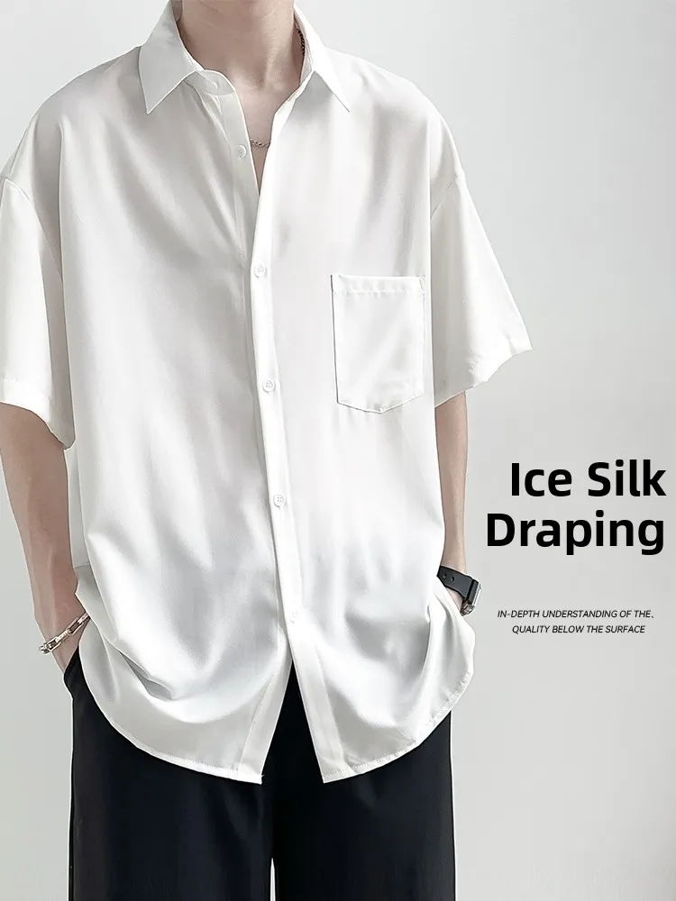 

Мужская летняя рубашка свободного кроя из ледяного шелка с коротким рукавом, не мнущаяся, струящаяся, повседневная, из смесового полиэстера, с рукавом до локтя