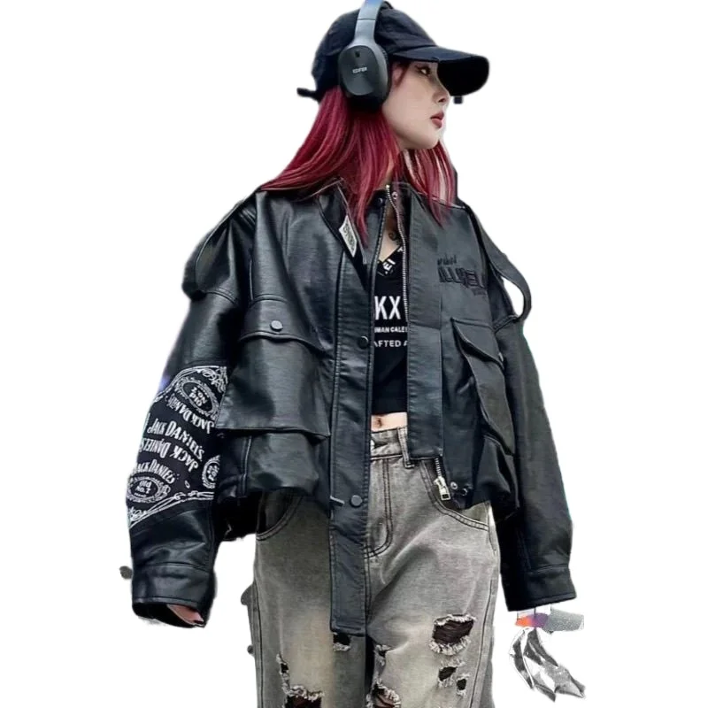 Black PU Leather Jacket Women's Autumn and Winter New Cotton Super Fire Cool Sa High-end Locomotive Jacket European Popular Coat