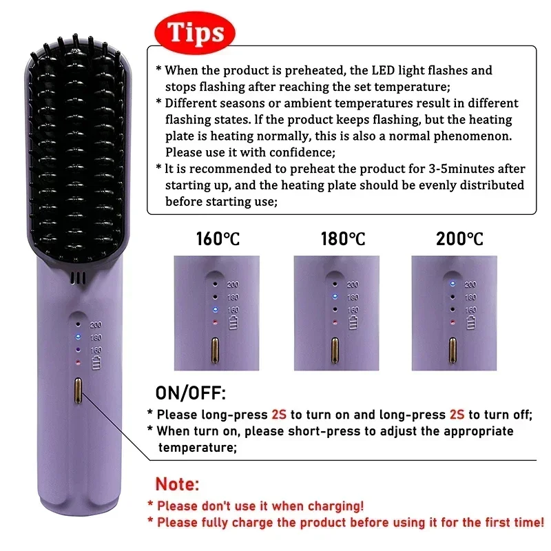 Lisseur Électrique Sans Fil Chauffant à Ions Négatifs, Peigne à Friser, Rechargeable, Anti-Brûlure, Brosse de Soins Capillaires