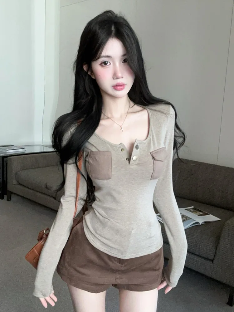 

Sexy Spicy Girl Design Pocket Splice Show Clavicle Long Sleeve T-Shirt Elegant Versatile Slimming Fleece Lined Base Layer Top