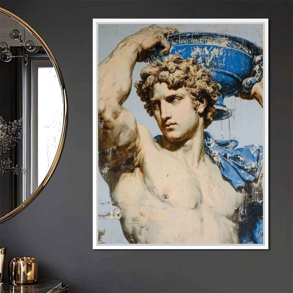 Marble Statue With Blue Urn Prints Greco Roman Sculpture Print Classical David Statue Canvas Painting Renaissance Art Wall Decor