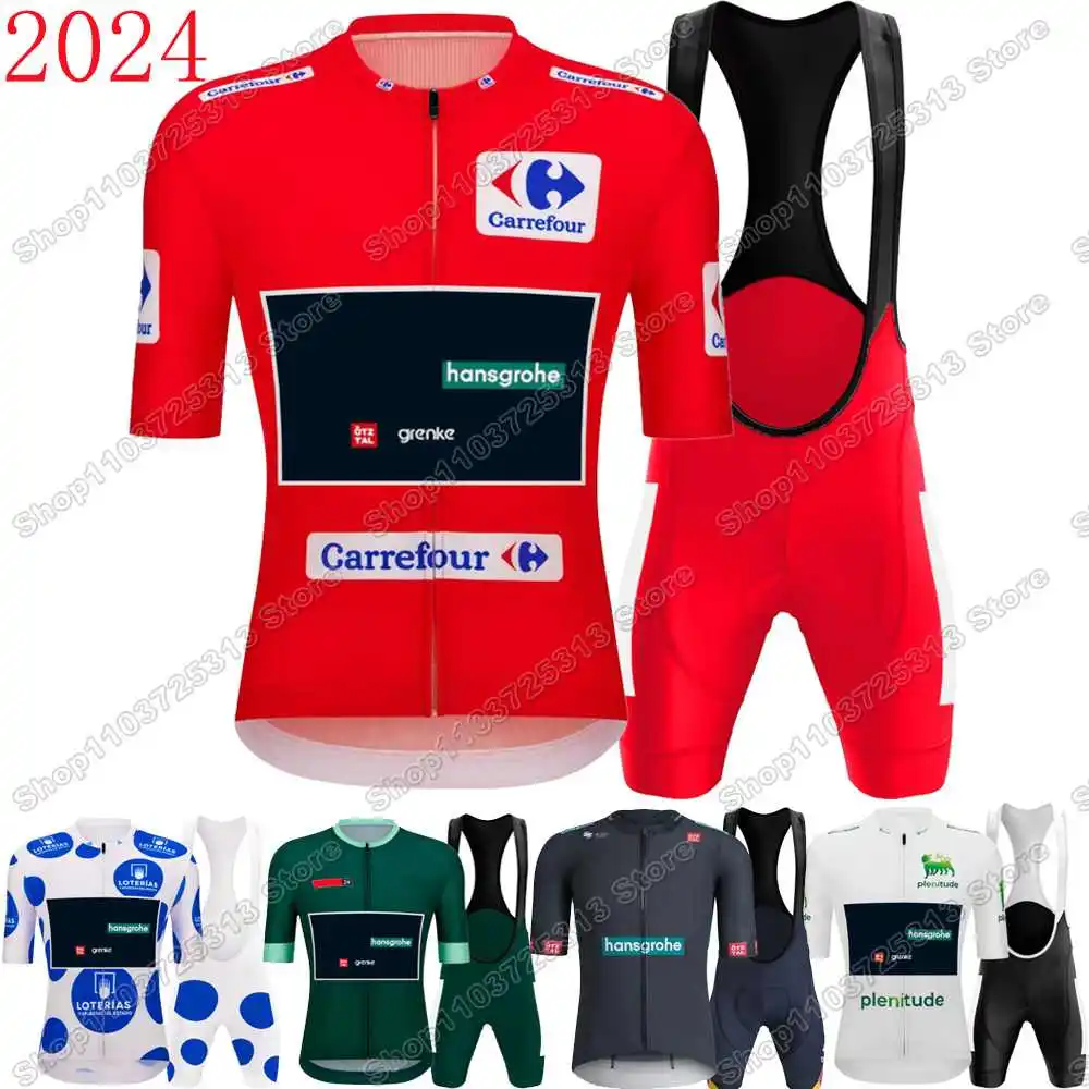 2024 Spain Tour Team Hansgrohe Cycling Jersey Set Red Green White Blue Polka Dot Cycling Clothing Men Road Bike Shirt Bib Shorts