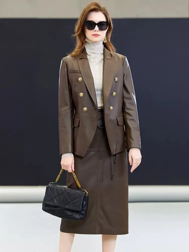 Office Ladies Elegant Genuine Leather Suit Jacket Slim Fit Spring Autumn Fashion Outerwear Women Double Breasted Sheepskin Coat