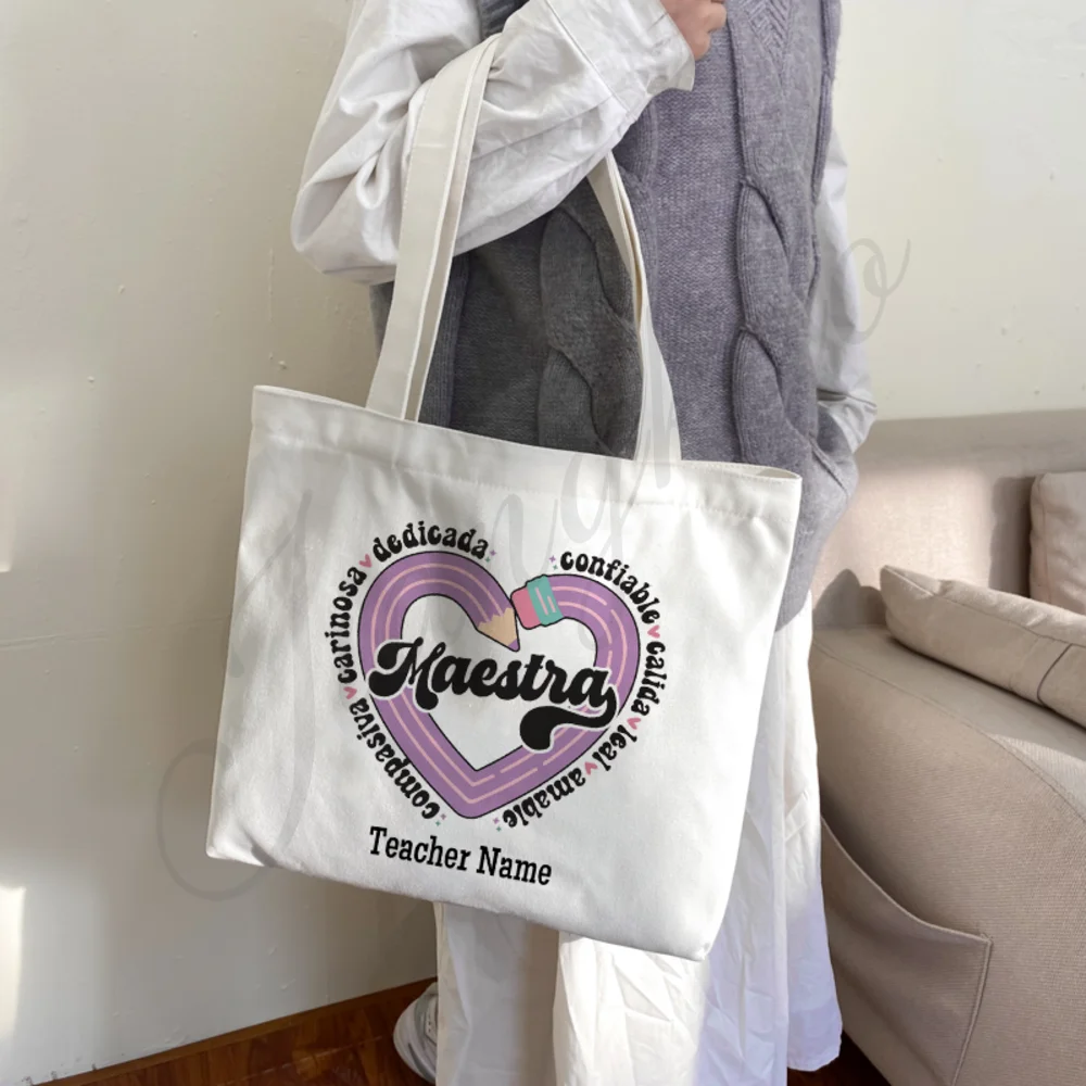 Personalised Teacher's Day Gifts Maestra Spanish Heart Print Tote Bag Custom Name Women Shoulder Bag Large Capacity Shopping Bag