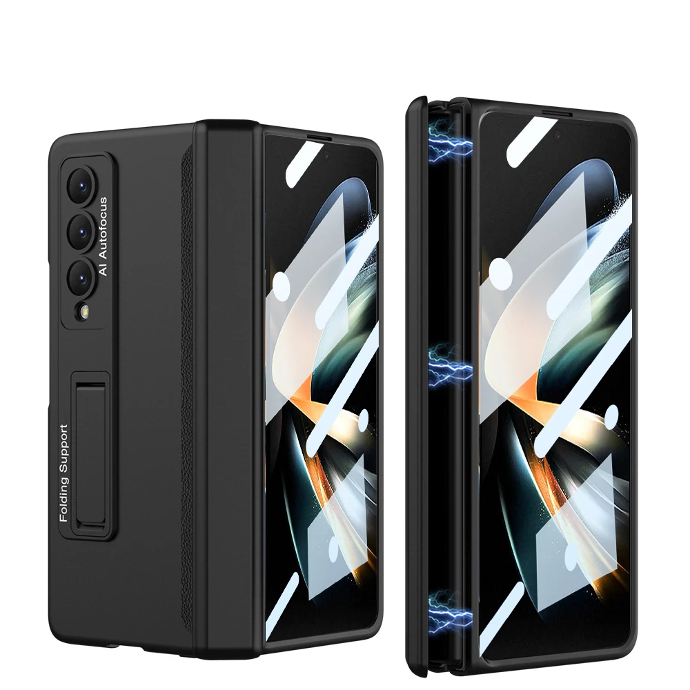 

For Samsung Galaxy Z Fold 4 Case Ultra-thin Matte Magnetic Folding Hinge Kickstand With Tempered Film Shockproof Hard Back Cover