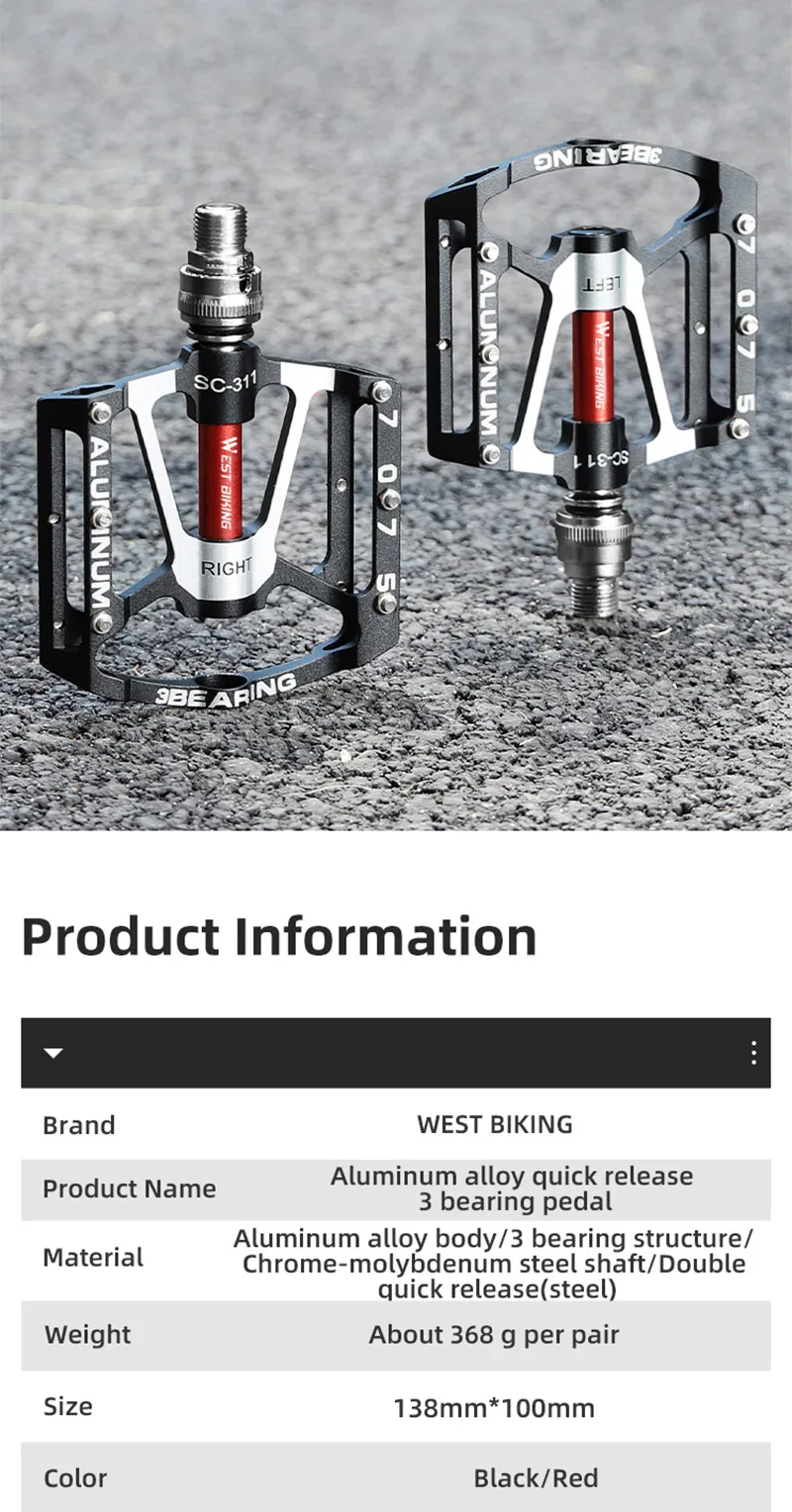 WEST BIKING Schnellspanner-Faltpedale aus 7075 Aluminiumlegierung, Ultraleicht, 3 Lager, Rutschfest, Verbreiterte Pedale für MTB und Rennräder – Detail 3