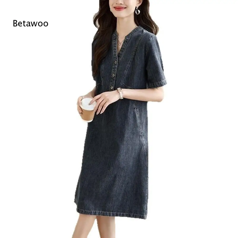 Vintage Dark Denim Shift Dress Ladies Mini V Neck Partial Button Short Sleeve Relaxed Fit Daily Midi Jean Dress