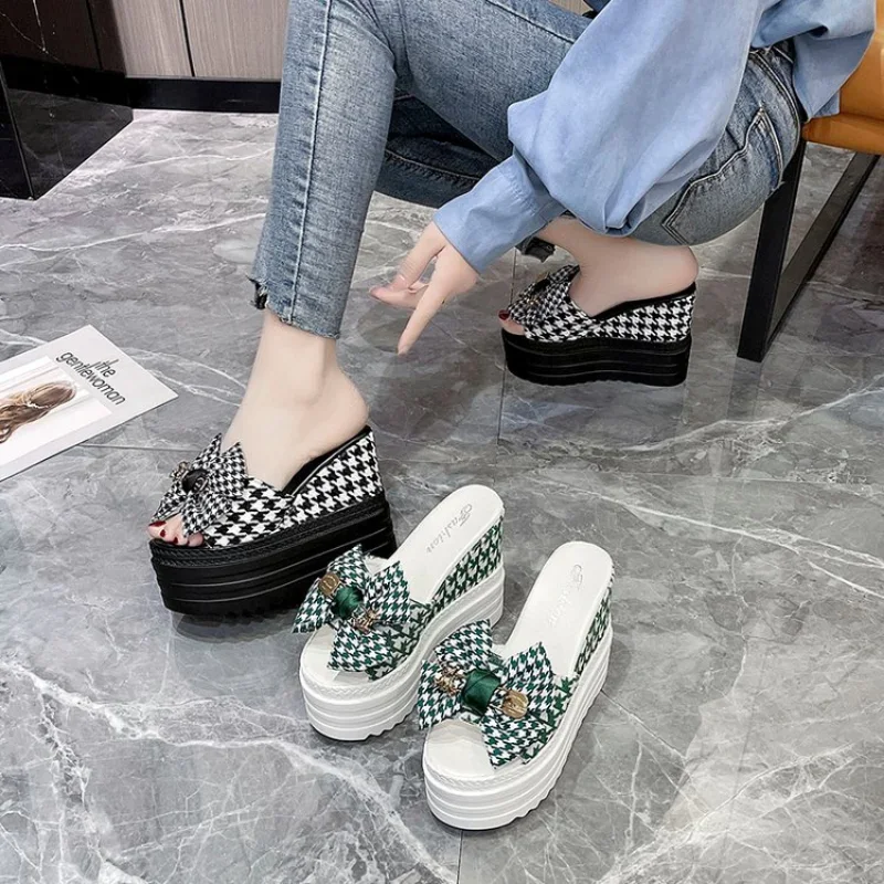 2023 Women\'s High Heel Slippers Luxury Slippers Platform Summer High Designer Fashion PU Shoes Bow Decoration Women Shoes Heels