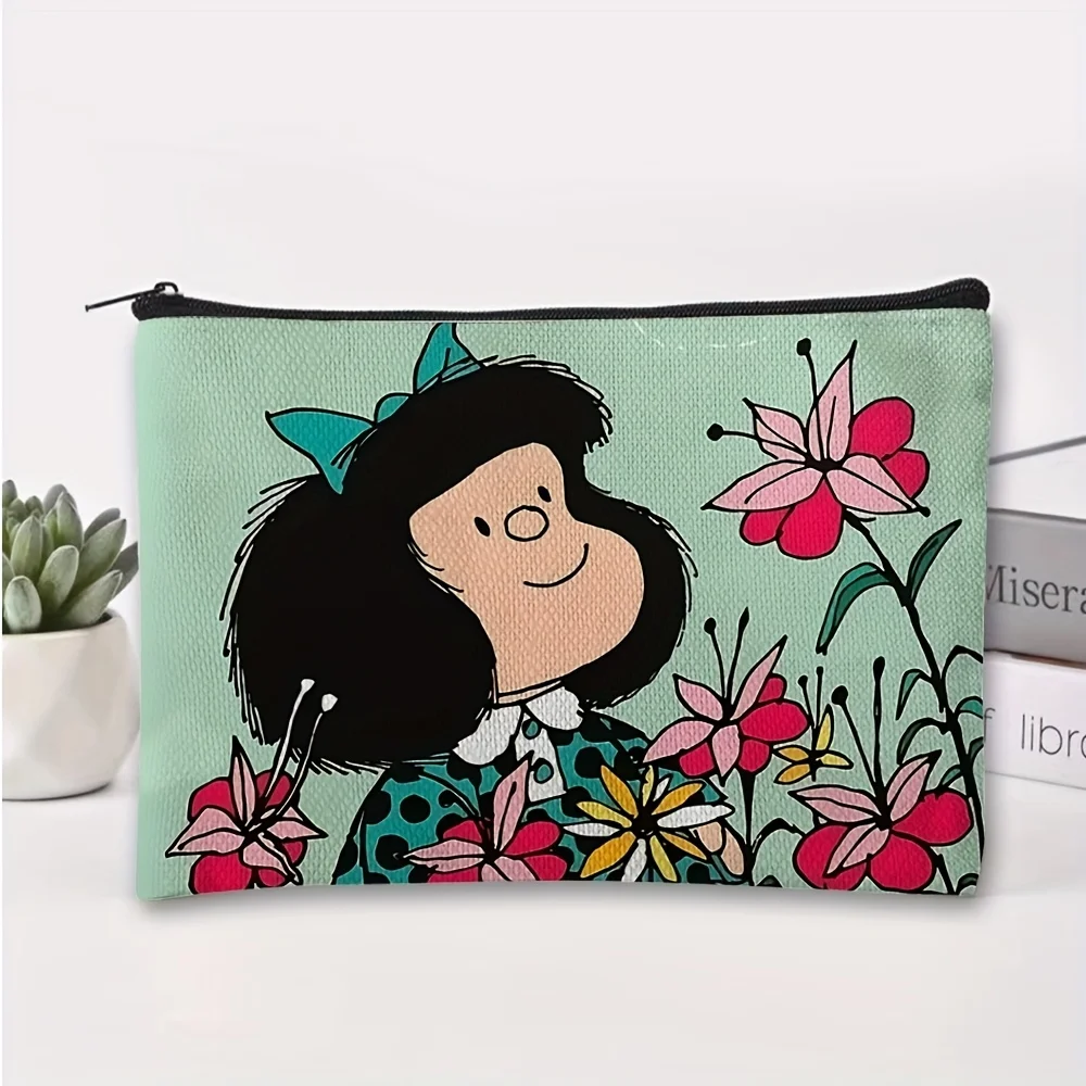 Una bolsa de cosméticos de personaje cómico Mafalda: linda bolsa multifuncional con cremallera para mujer, bolsa de almacenamiento de joyas