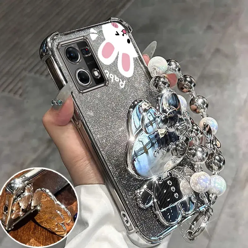 Airbag Glitter Mirror Rabbit Phone Holder Case On For Oppo Reno 4 4z 4F 5 5F 7 8 8T Lite 4G 5G Anti-knock Stand Back Cover