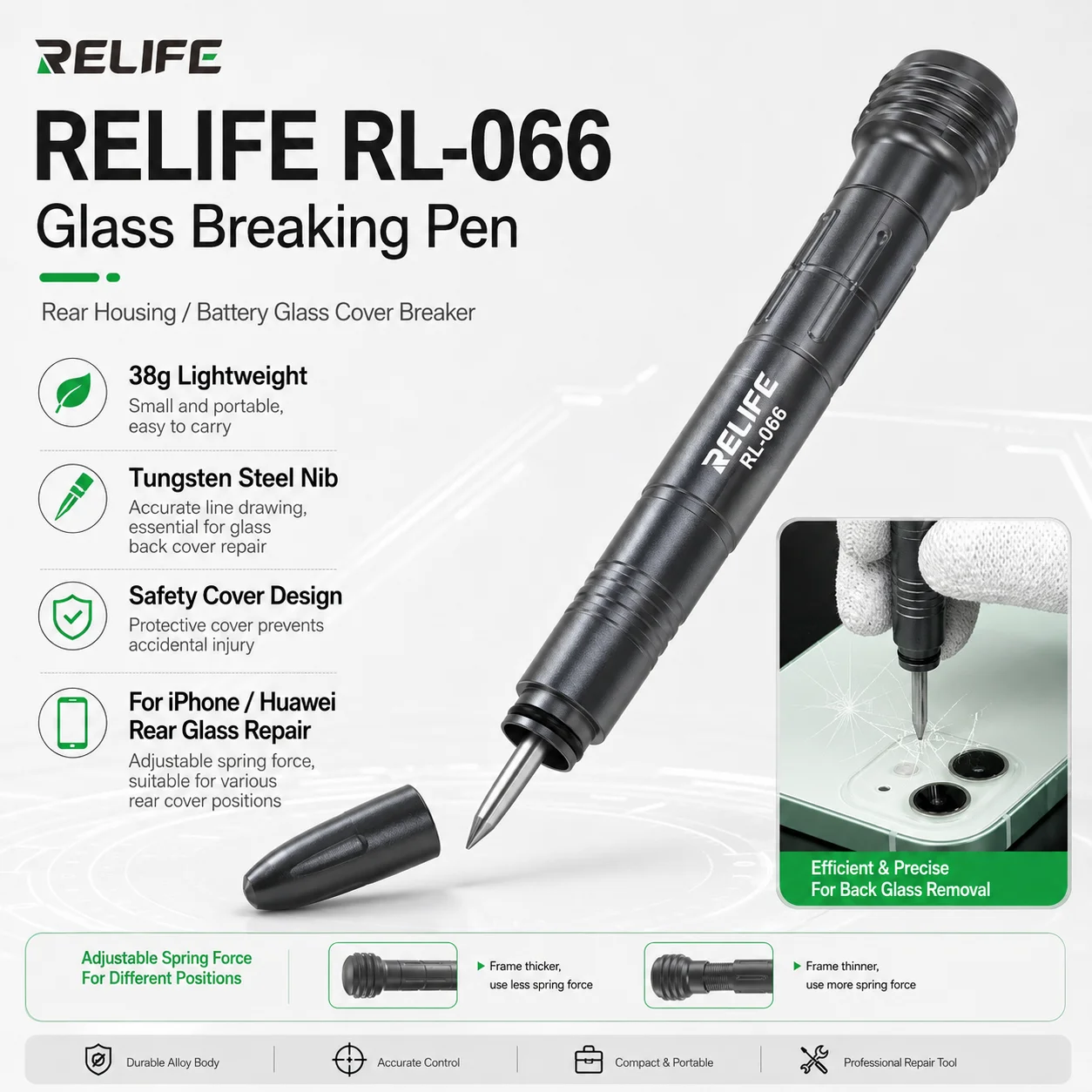 

RELIFE RL-066 Glass Breaking Pen, Rear Housing Battery Glass Cover Breaker with Tungsten Steel Nib for iPhone Huawei Repair