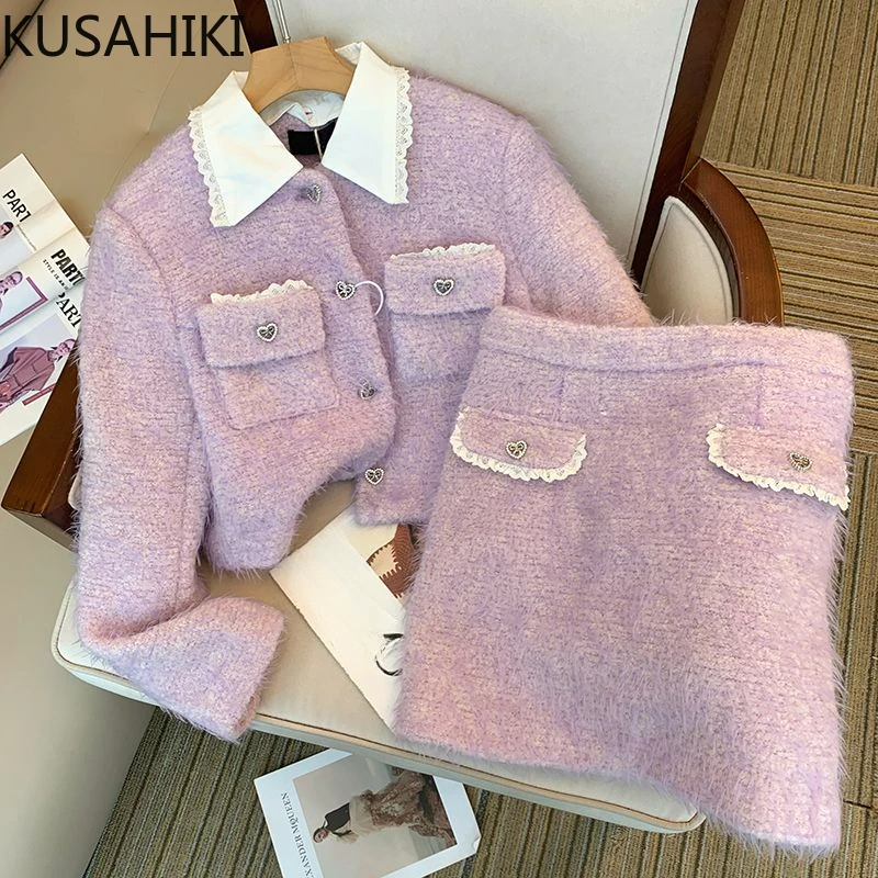 

KUSAHIKI 2023 Autumn Winter 2Piece Sets Women Outfits Elegant Turn-down Collar Long Sleeve Coat + High Waist Fashion Mini Skirt