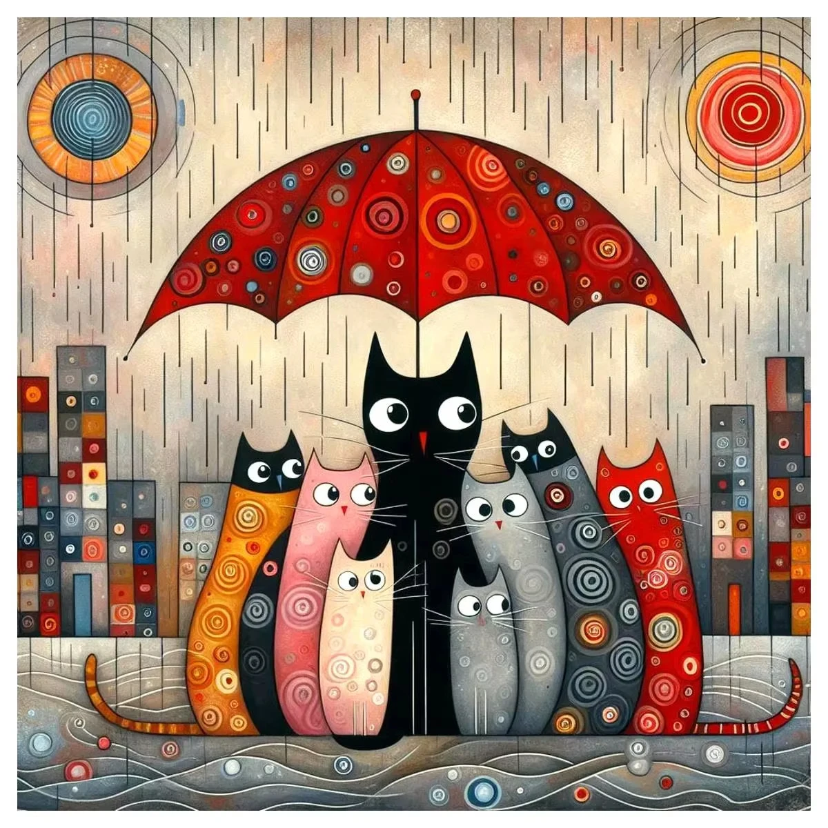 

Whimsical Cats Under Red Umbrella Jigsaw Puzzle, Folk Art City Decor Brain Challenge Scenic Art Puzzle for Gift