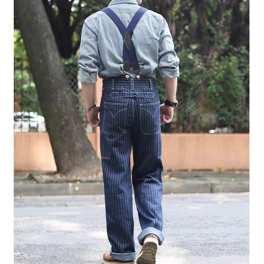 Vintage Striped Jeans Men/Women Denim Overalls Loose Railroad Workwear Cargo Pants Wide Leg American Casual 90s Amekaji Trousers