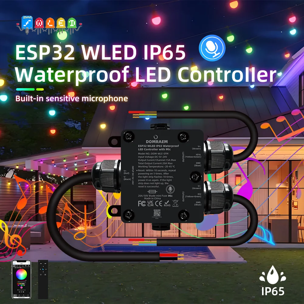 Image of DOMRAEM ESP32 WLED Controller IP65 Wasserdicht 2-Kanal 20A Eingebauter Sicherungsautomat DC5V-24V Digitaler Pixel-LED-Controller Audio-Reaktiver Mikrofon-Controller für Außenbereich, Landschaft, Auto,