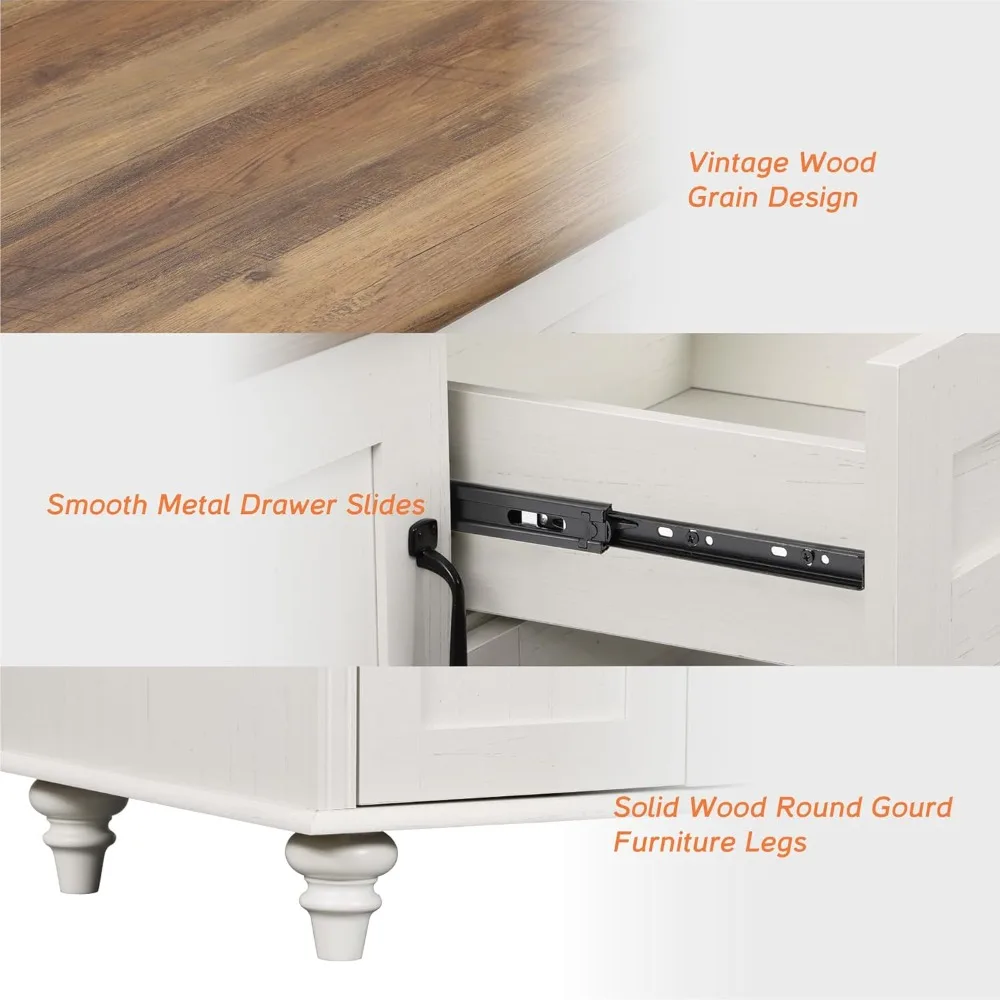 Modern Rustic Style White Coffee Table with Storage Drawers and Cabinet, Rectangular Living Room Centerpiece