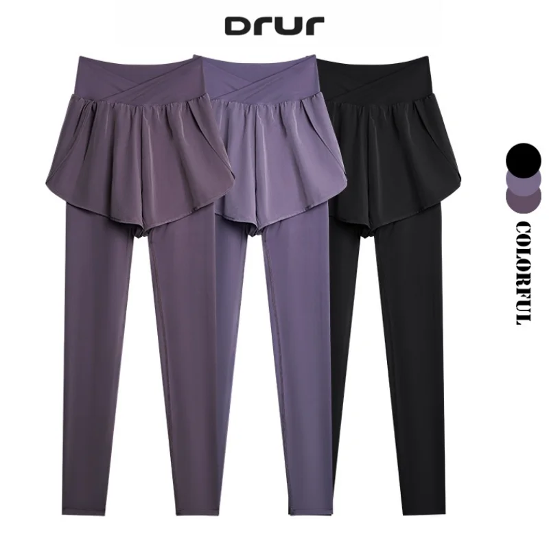 

DRUR Crossover поддельные двухсекционные штаны для йоги, летние легкие спортивные леггинсы с высокой талией для женщин, колготки для бега для фитнеса, одежда для йоги