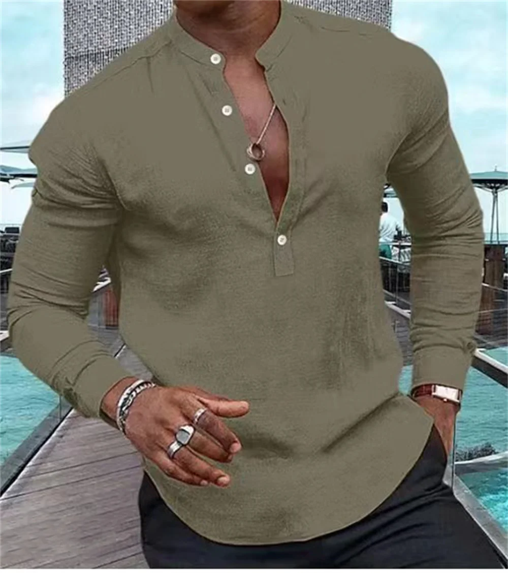 2024 New Fashion Men\'s High Quality Shirt Henry Solid Half Open Button Standing Neck Muscle Men\'s Street Casual Top