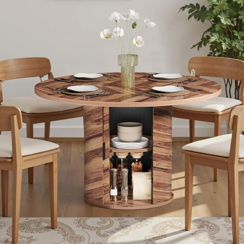 47 طاولة طعام مستديرة مع مساحة تخزين من طبقتين وباب منزلق خشبي، بني للمطبخ أو غرفة المعيشة #1