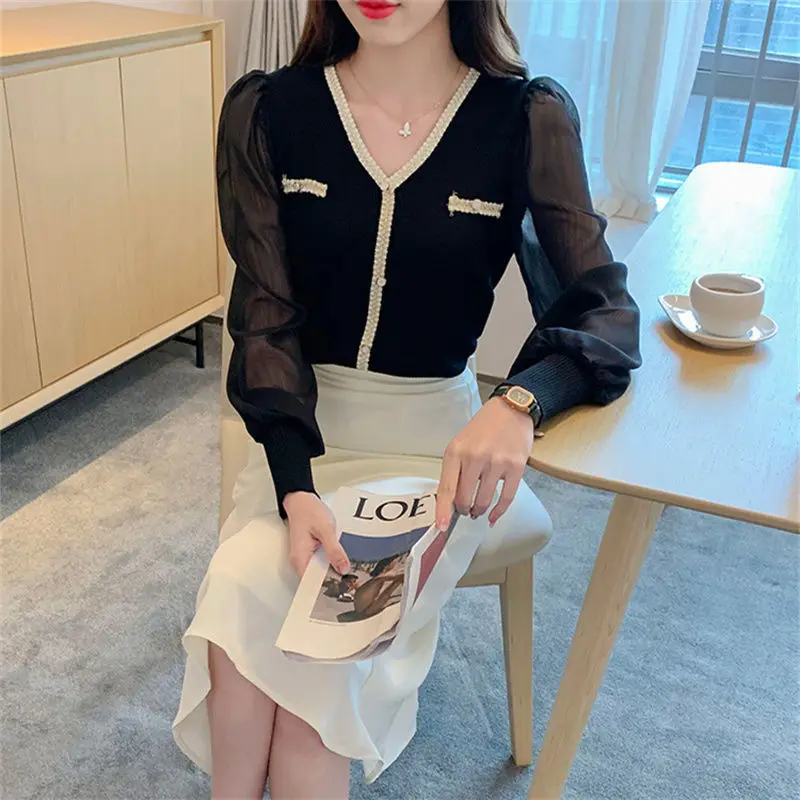 2024 New Fashion Design Light Luxury Knitwear Women's Spring/Summer Spliced Chiffon Bubble Sleeve Top Trendy