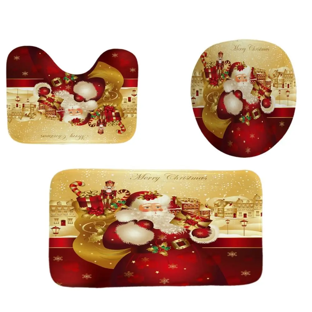 U-Shaped Design Bathroom Mat Set 3-Piece Set Anti-Slip Surface Bath Mat Set Soft Texture Watercolor Print Toilet Cover Set