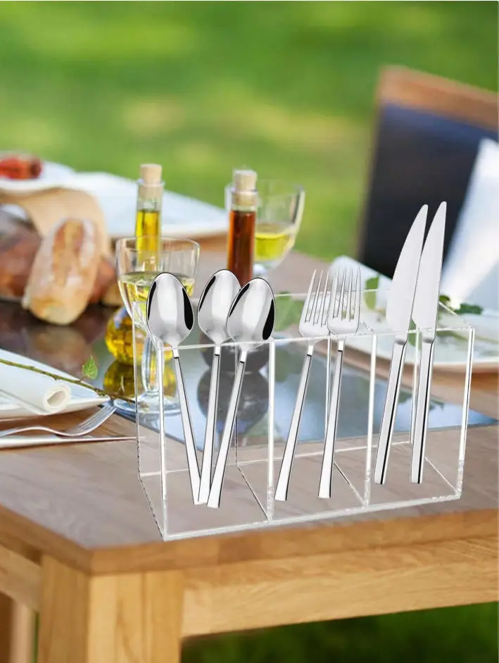 1pc Tableware 3-Compartment Storage Box, Transparent Plastic