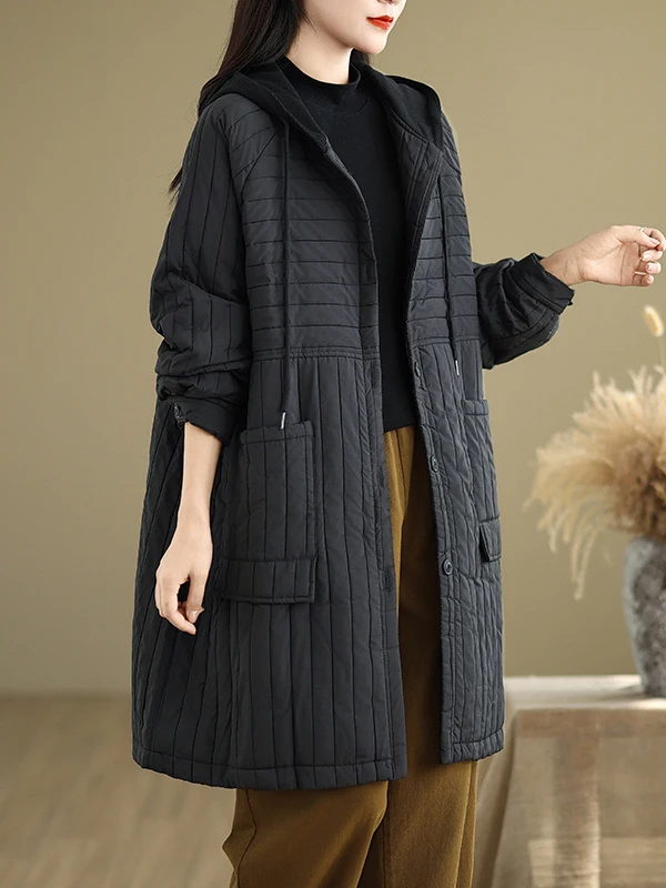 

Женское повседневное хлопковое пальто в полоску больших размеров, зимнее пальто, винтажное пальто средней длины с капюшоном и одной пуговицей, длинное све