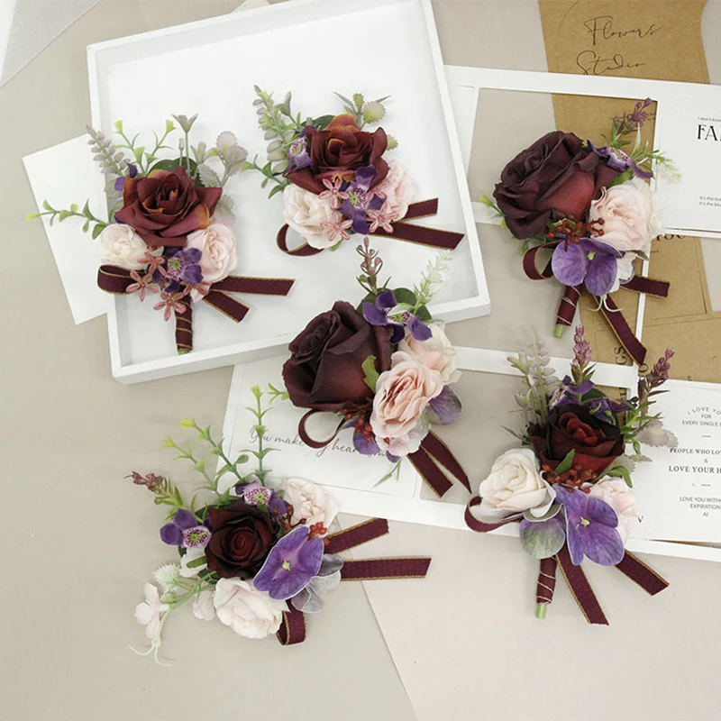 Bourgondië Aritifical Boutonniere Bloemen Handgemaakte Bruid Accessoires Bruidegom Bruidsmeisje Corsage Getuige Bruiloft