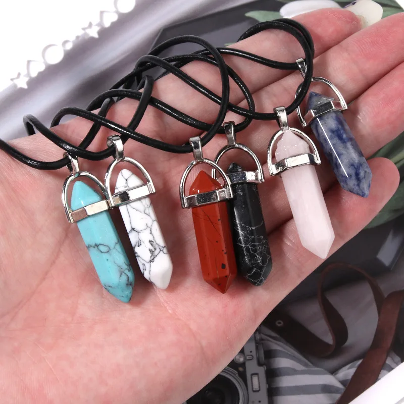 New Natural Stone Bullet Scalp Rope Necklace Hexagonal Crystal Column Pendant  Geometric  Men Women Chain