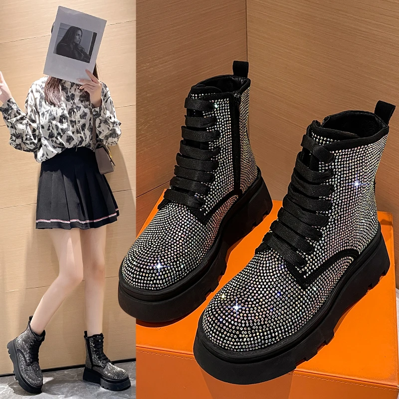 

Designer Fashion Sparkling Crystal Women's Ankle Boots Luxury Water Diamond Winter Shoes Women's Thick Soled Boots Black Boots