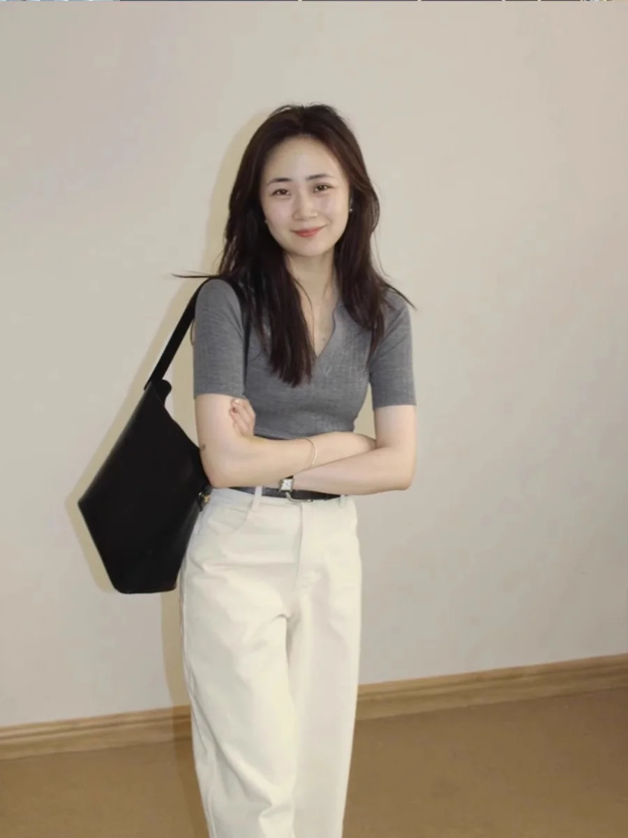 

ay Vintage Slim Fit T-irt Women's Artistic Youthful Spring Summer Thin ort Faion Top Casual Sle ort Sve V-Ne