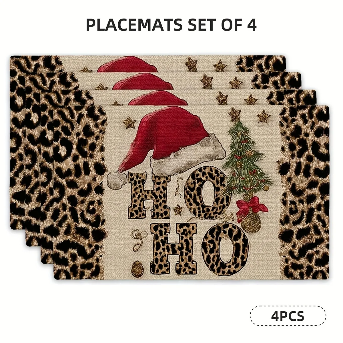 4pcs Set of Printed Placemats Leopard Print HO HO Christmas Trend Placemats Rectangular Mats for Kitchen Dining Tables