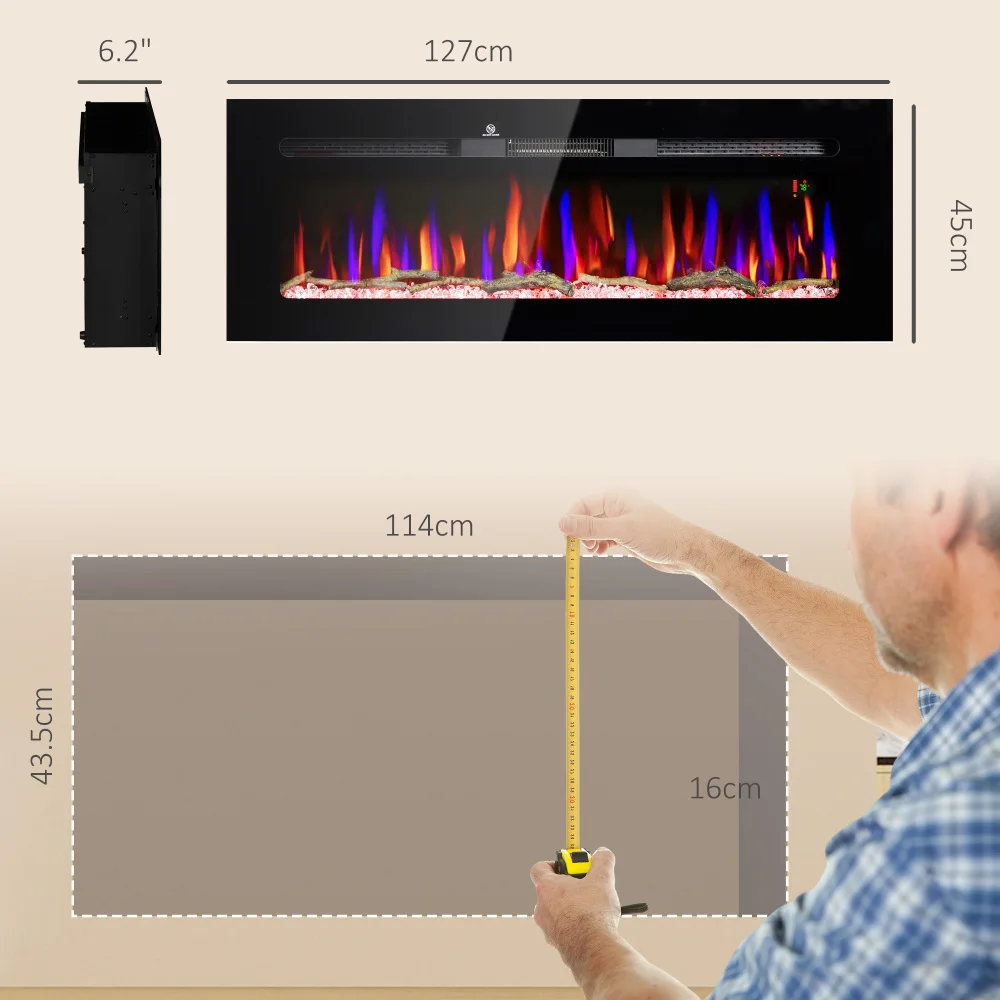 Camino elettrico da incasso e da parete da 50" con telecomando, stufa per camino da 1500 W con timer 8 ore, fiamma regolabile